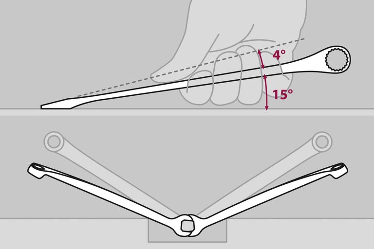 Représentation d'une clé plate avec un décalage de 15 degrés et un décalage de tête polygonale de 4 degrés