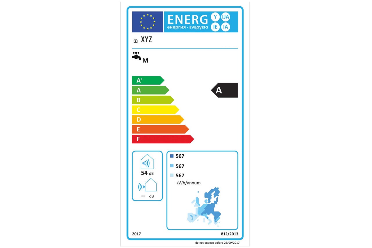 Energielabel für Wasserhahn, Energieeffizienzklasse A, 54 Dezibel