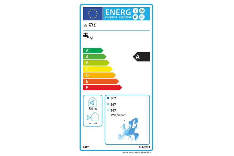 Energielabel für Wasserhahn, Energieeffizienzklasse A, 54 Dezibel