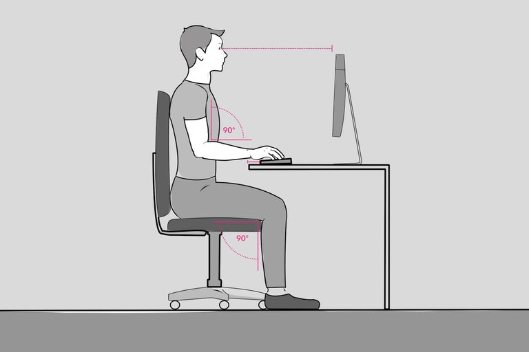 Illustration d'une personne assise à un bureau avec un angle de 90 degrés entre le bras et l'avant-bras et entre la cuisse et le bas de la jambe.