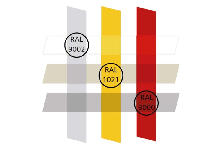 Darstellung der RAL Farben 9002, 1021 und 3000