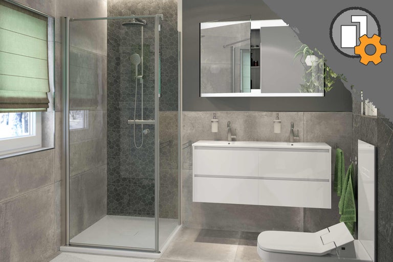 Salle de bain moderne avec cabine de douche, meuble-lavabo et armoire de toilette