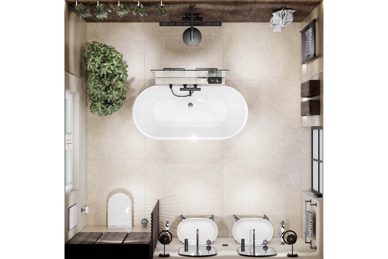 Salle de bains moderne vue de dessus avec baignoire en îlot, double vasque, douche et WC. Carrelage beige et touches de bois sombre.