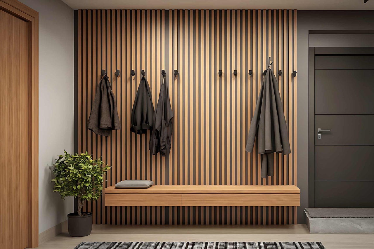 Espace d'entrée avec mur lambrissé en bois, patères, banc et plante d'intérieur pour un accueil chaleureux