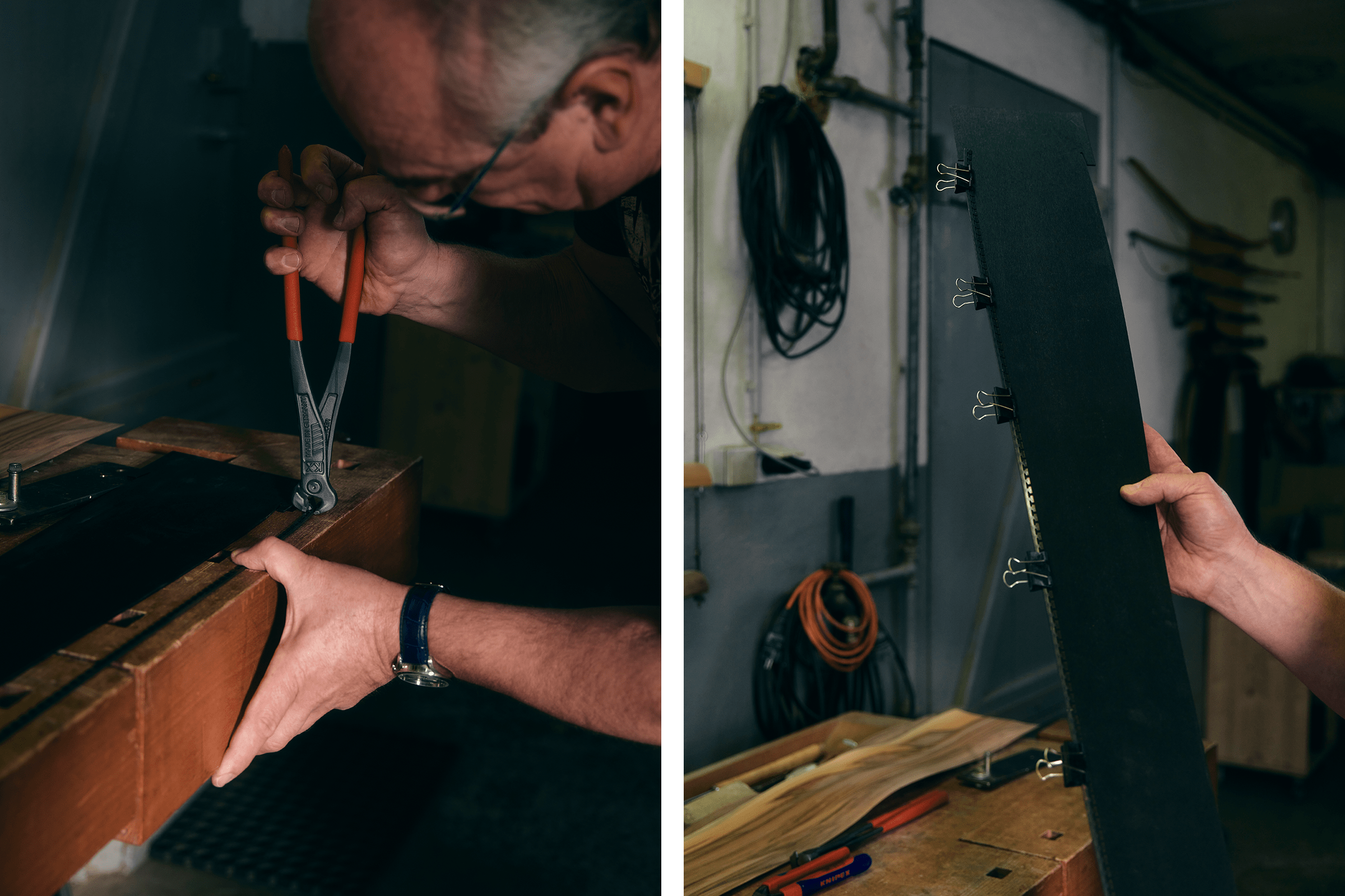 Werkstattsituation mit Handwerker bei der Bearbeitung eines Werkstücks mit einer Zange.
