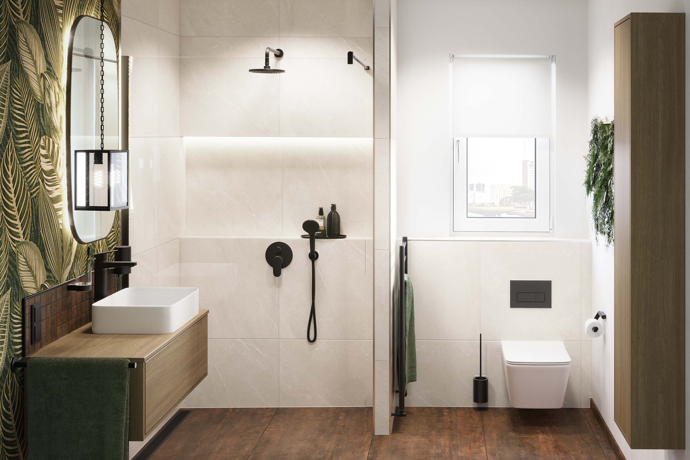 Modernes Badezimmer mit Dusche, Waschbecken, Toilette und Holzboden