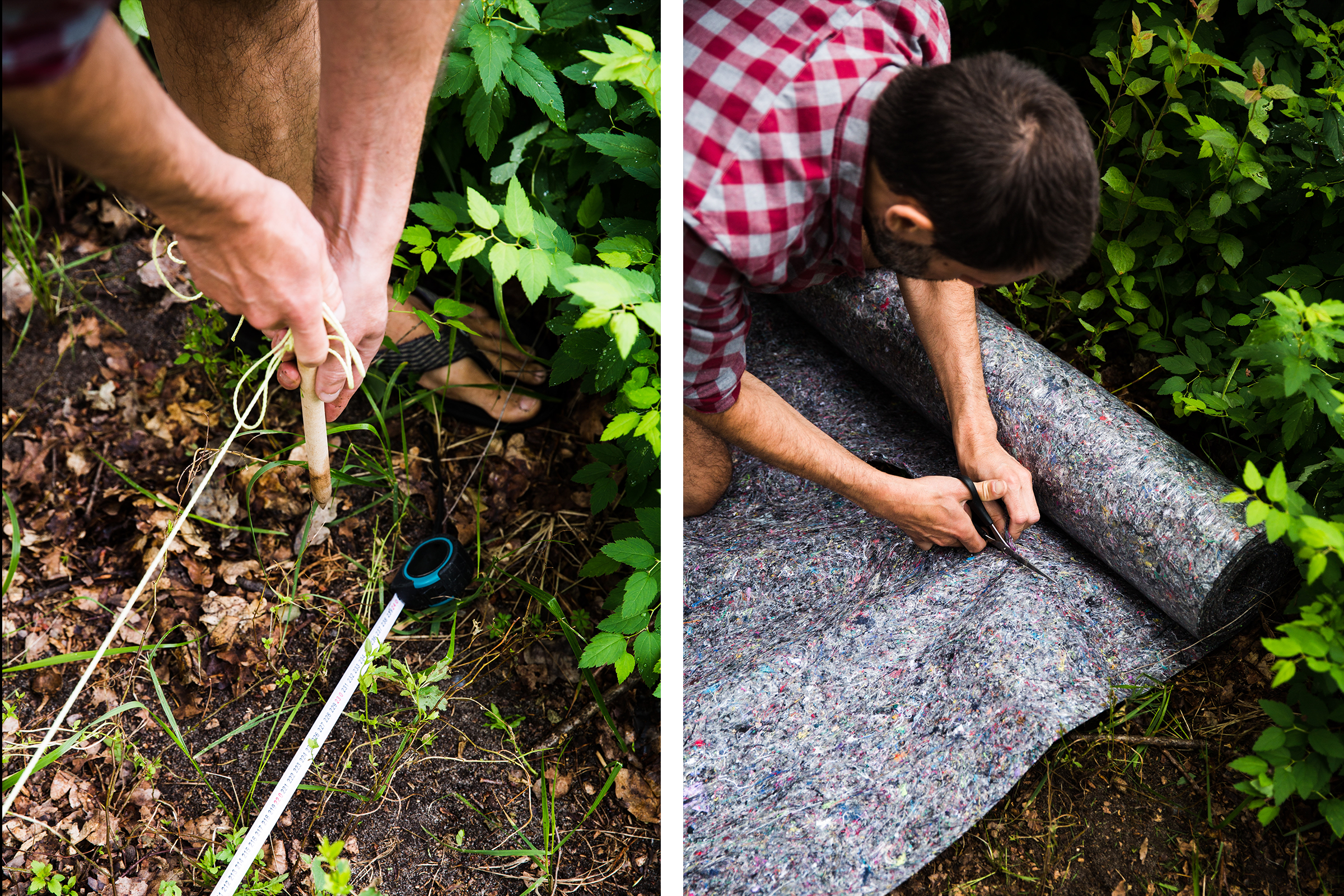 Une personne marque un emplacement de plantation avec un ruban et un bâton et coupe un tissu anti-mauvaises herbes.