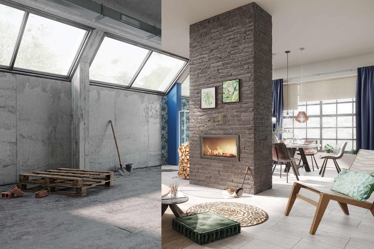 Vorher-Nachher-Ansicht eines Zimmers mit Renovierung, das eine Verbesserung der Wohnatmosphäre zeigt