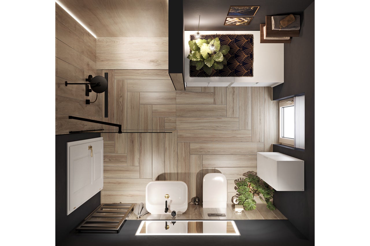 Ansicht von oben eines Badezimmers mit Dusche, Toilette, Waschbecken und Holzboden