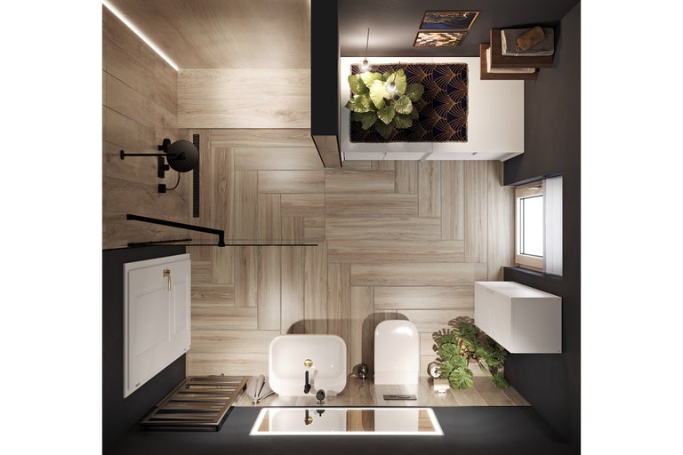 Vue de dessus d'une salle de bains avec douche, toilettes, lavabo et plancher en bois