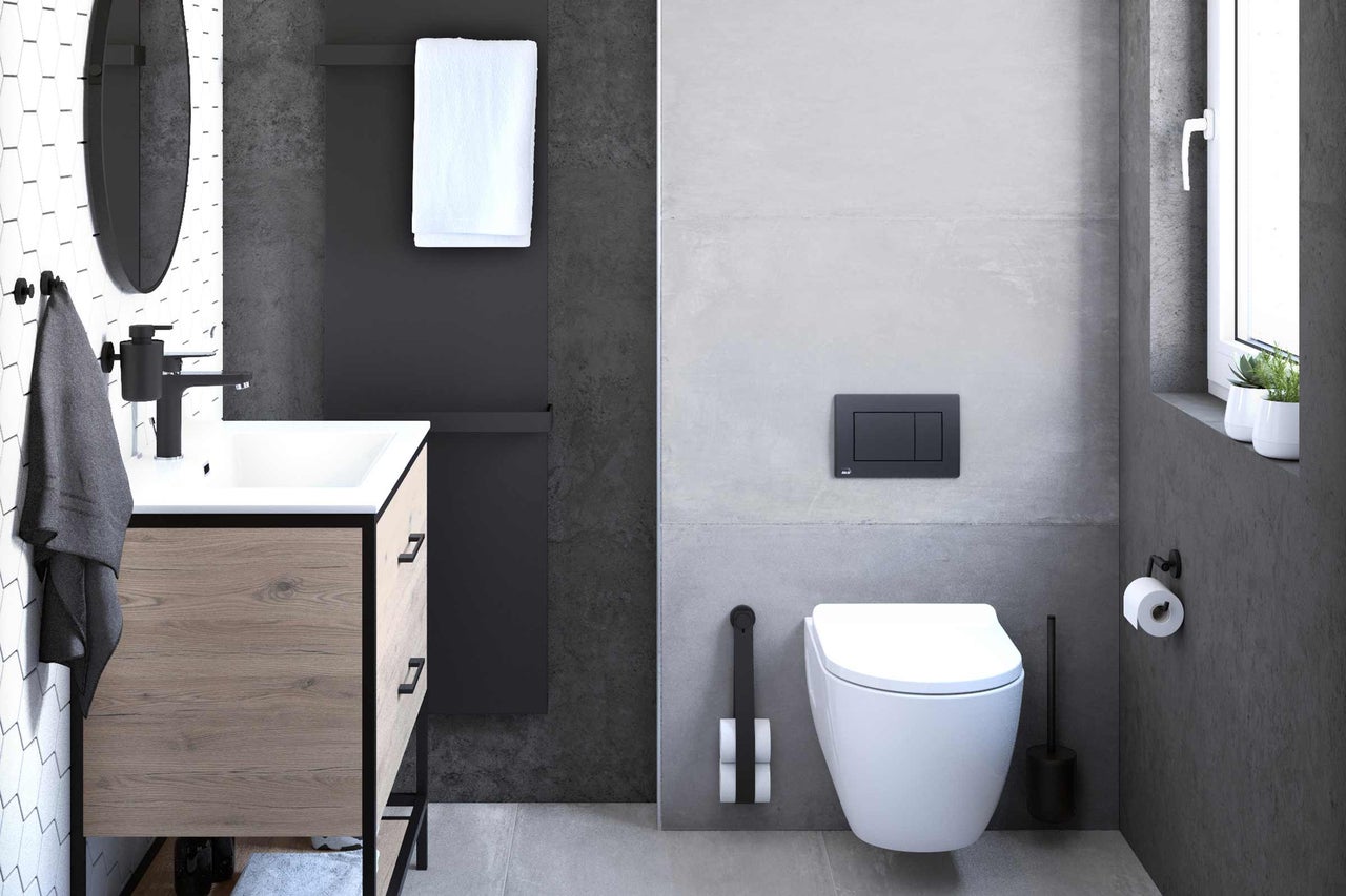 Salle de bain moderne avec lavabo, toilettes et radiateur