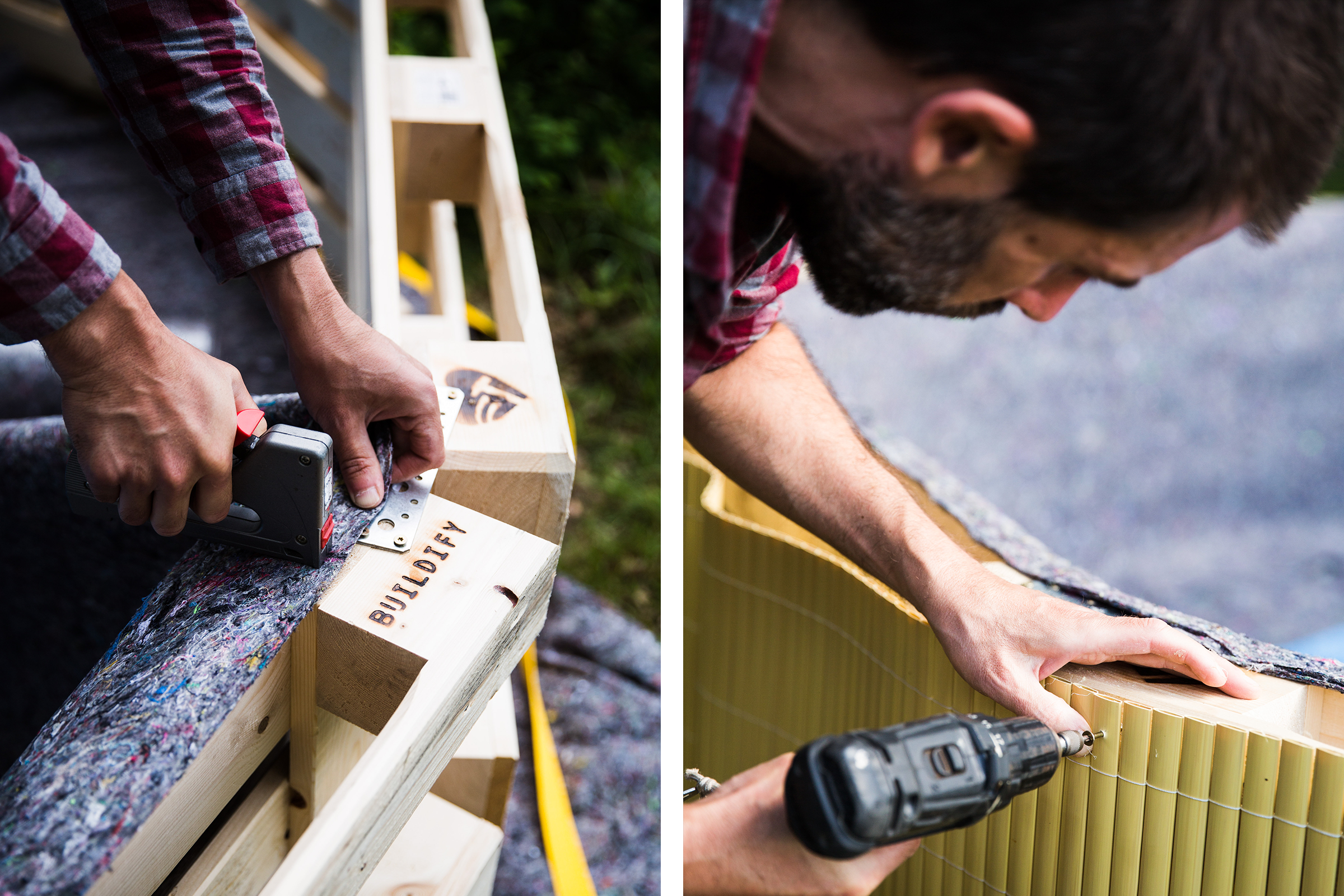 Deux images montrent une personne agrafant une palette en bois avec une agrafeuse et une autre personne fixant du bambou à une palette en bois avec un tournevis.