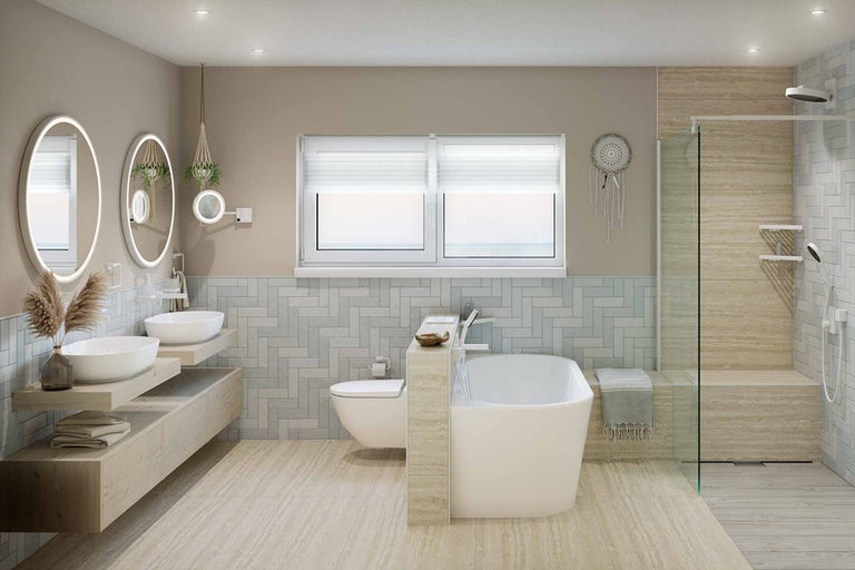 Helles Badezimmer mit Doppelwaschtisch, freistehender Badewanne und begehbarer Dusche.