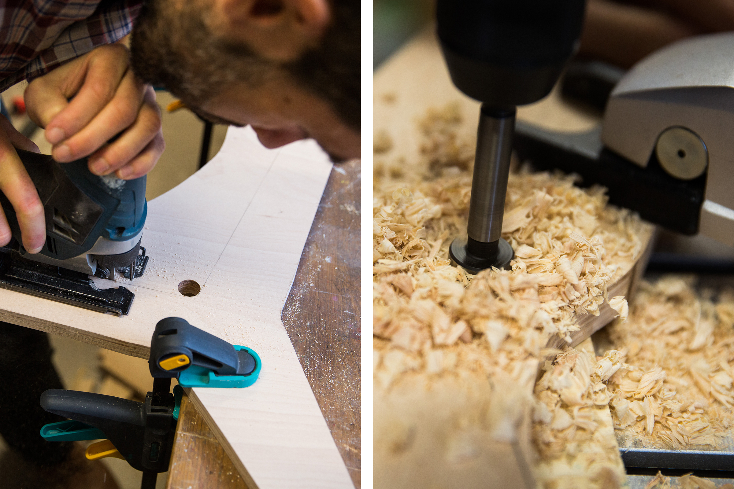 Holzbearbeitung mit Stichsäge und Bohrmaschine an einem Werkstück