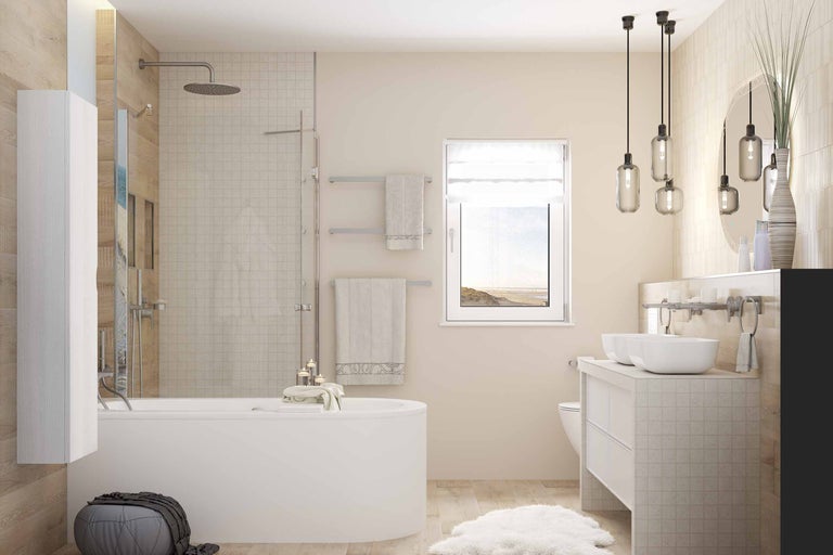 Helles Badezimmer mit Badewanne, Dusche, Waschtisch und Fenster