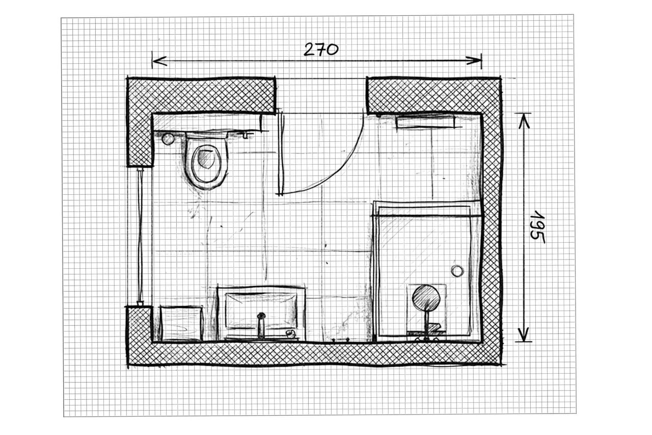 Draufsicht eines Badezimmergrundrisses mit Massen
