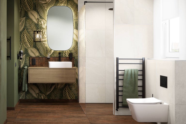 Salle de bains avec lavabo, miroir, douche, radiateur et toilettes.