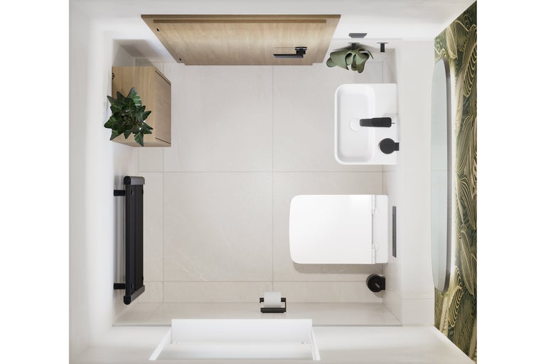 Vue aérienne d'une salle de bains avec toilettes, lavabo, radiateur, miroir et armoires de salle de bains