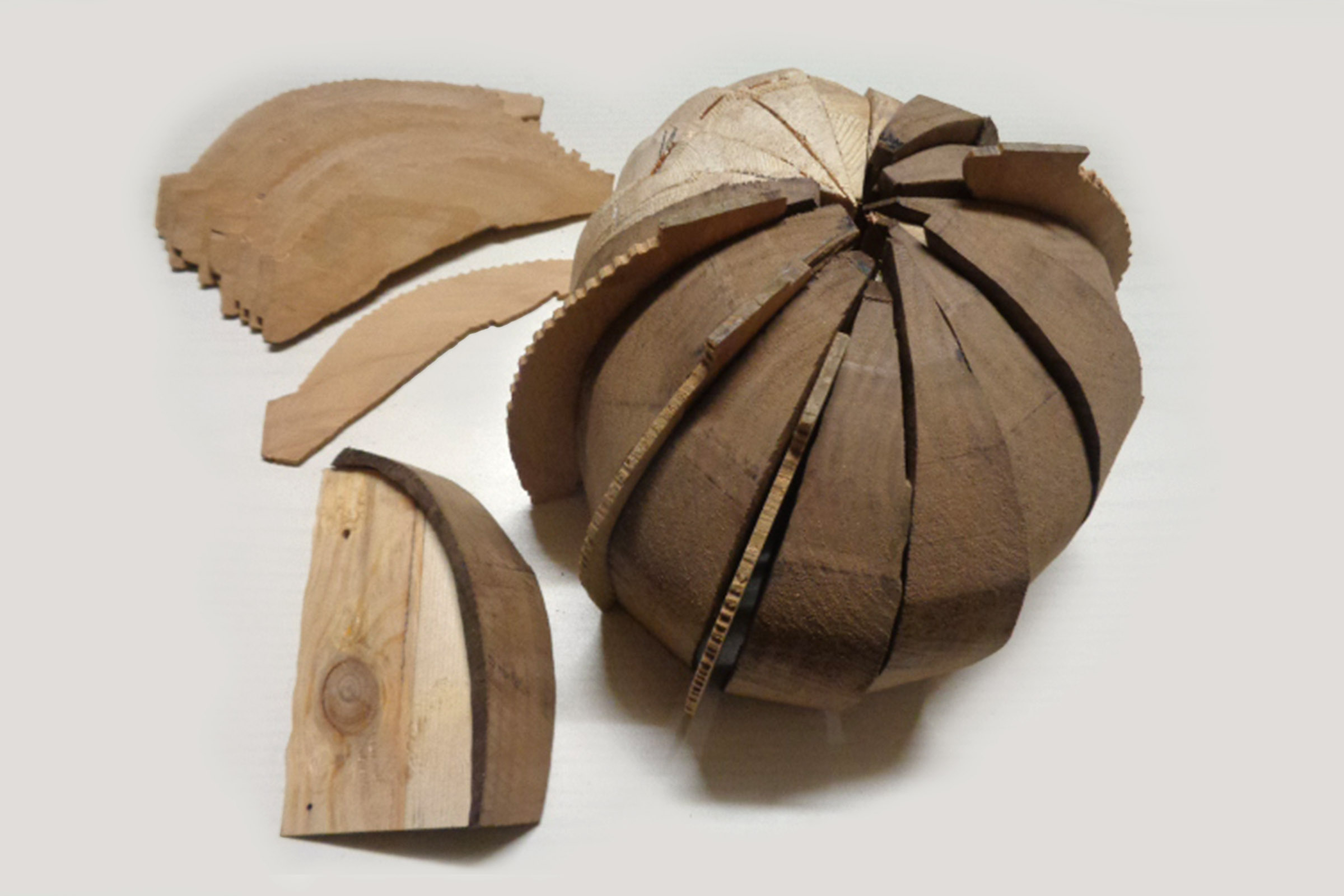 Holzkugel aus einzelnen Segmenten und Holzstücke