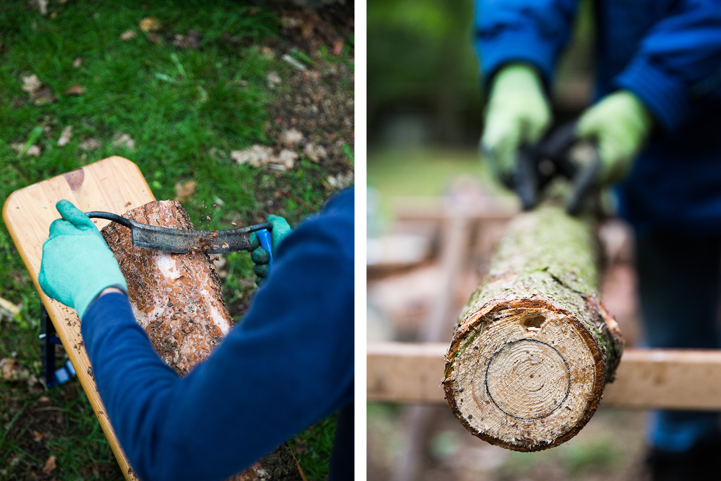 Deux vues montrent une personne en train d'écorcer un tronc d'arbre avec un couteau à décoller.