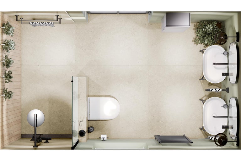 Draufsicht eines Badezimmers mit Dusche, Toilette, Waschbecken und Badaccessoires.