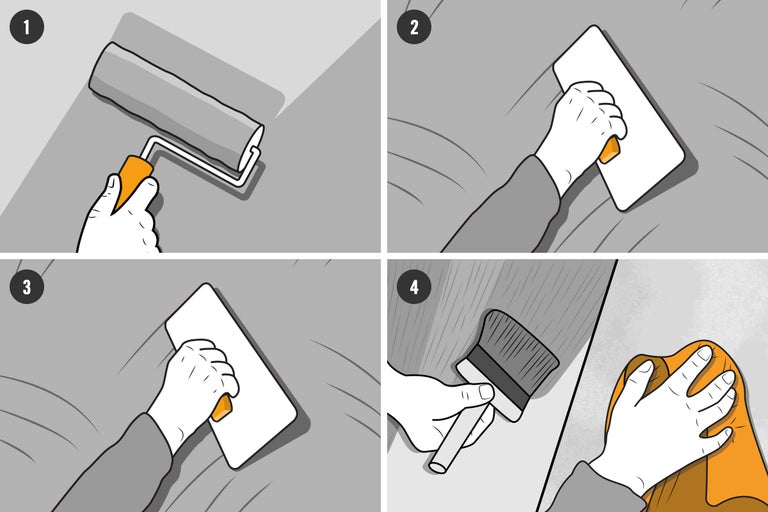 Illustration der vier Schritte zum Verputzen einer Wand: Auftragen von Putz, Glätten der Oberfläche, Anfeuchten und Abwischen