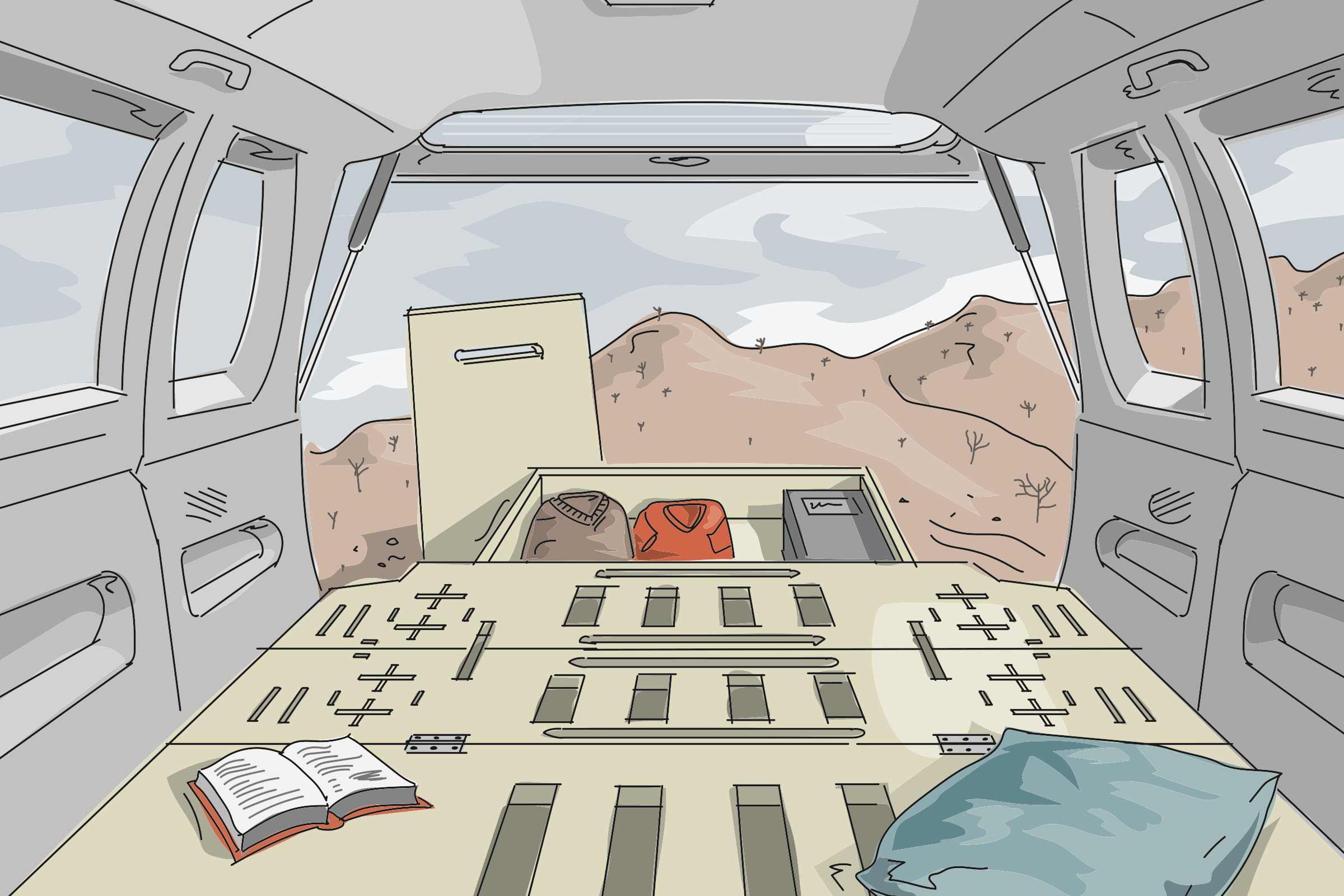 Intérieur d'une voiture avec des bagages et vue sur un paysage