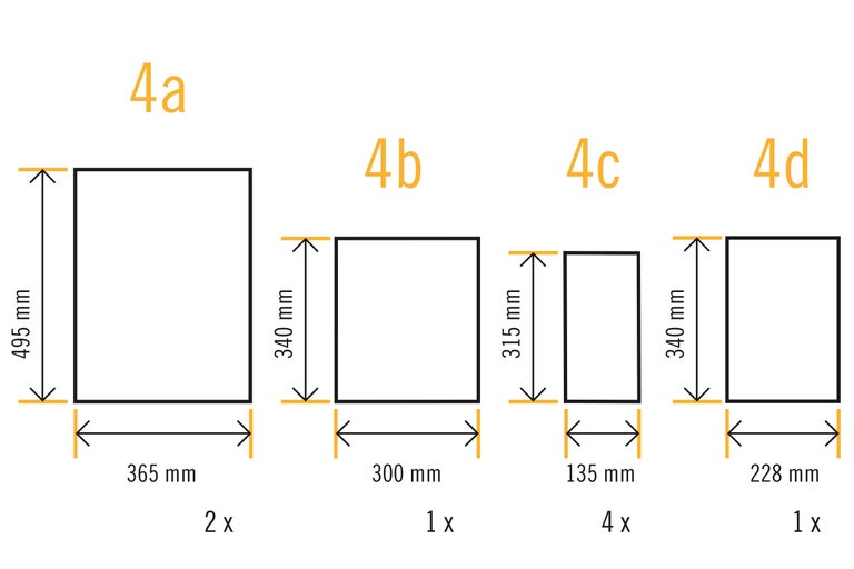 Abmessungen verschiedener Bauteile: 495 mm x 365 mm, 340 mm x 300 mm, 315 mm x 135 mm, 340 mm x 228 mm