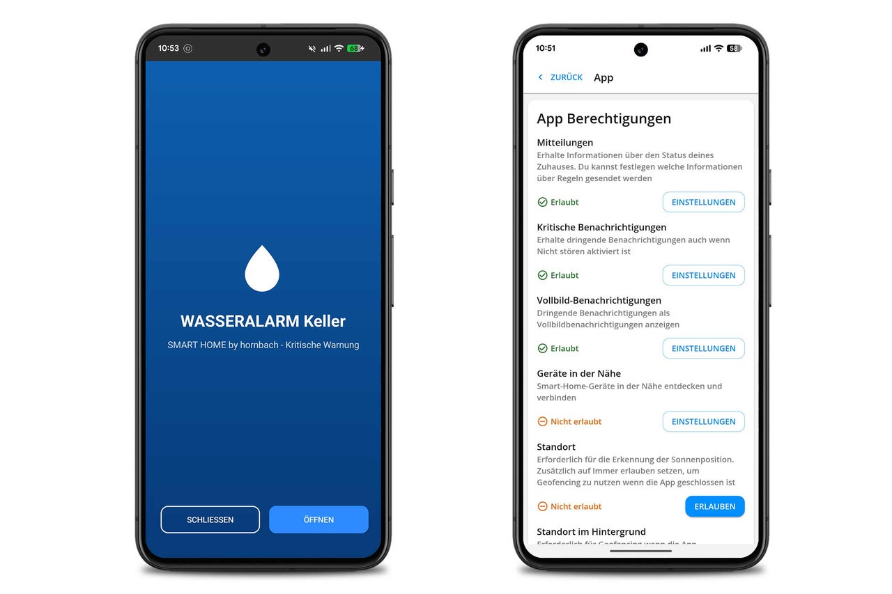 Deux smartphones avec l'application SMART HOME by hornbach affichant une alerte d'eau et le menu des autorisations de l'application.