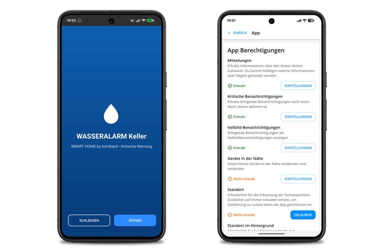 Deux smartphones avec l'application SMART HOME by hornbach affichant une alerte d'eau et le menu des autorisations de l'application.