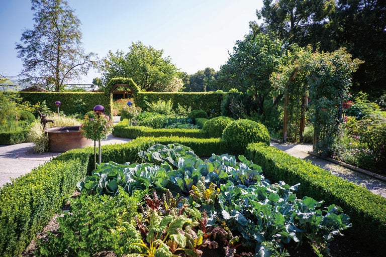 Vue d'ensemble d'un jardin avec des potagers, des haies taillées et des décorations