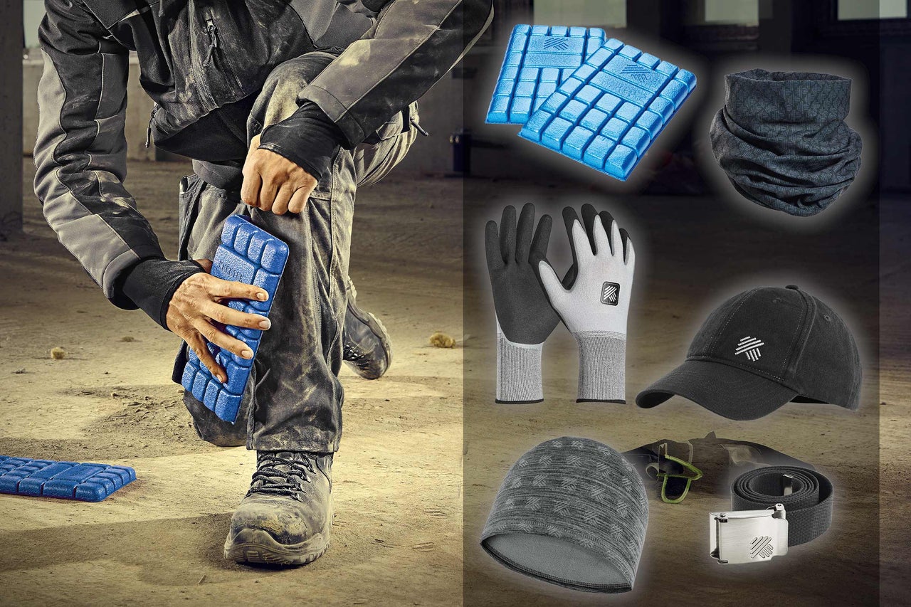 Arbeitsszene mit Knieschoner, Mütze, Handschuhen, Gürtel und Halstuch