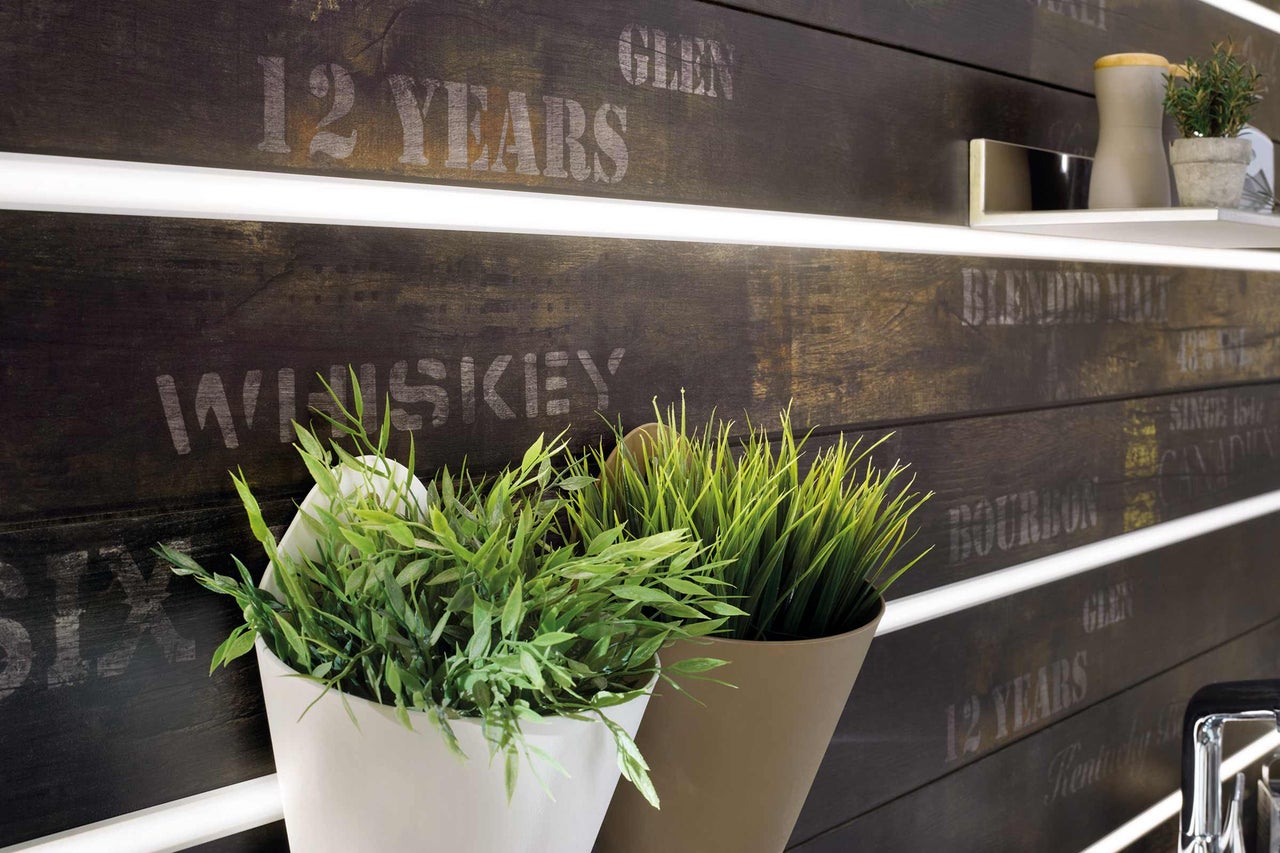Panneaux muraux décoratifs avec plantes en pot et étagères