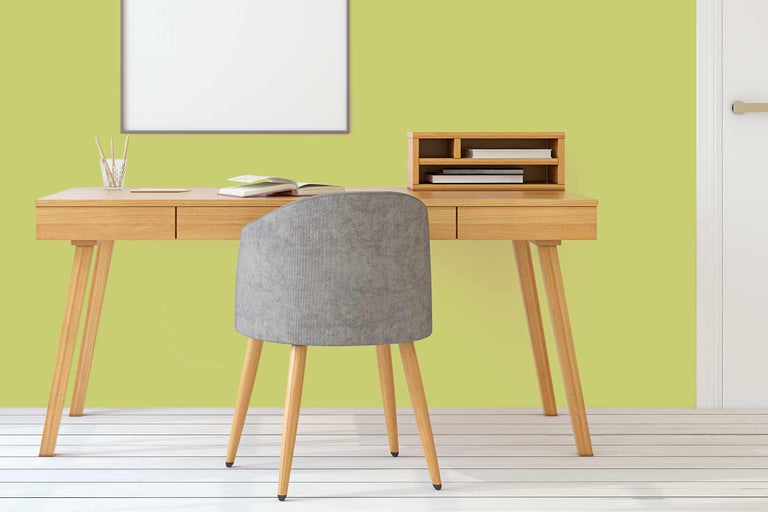 Bureau avec chaise, étagère à livres et décoration pour un bureau.