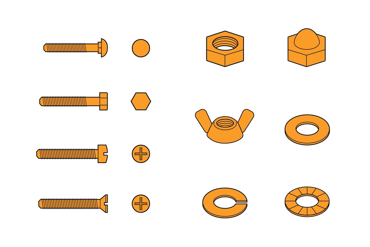 Assortiment de différentes vis, écrous et rondelles
