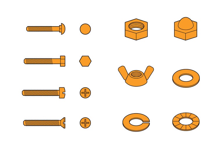 Assortiment de différentes vis, écrous et rondelles
