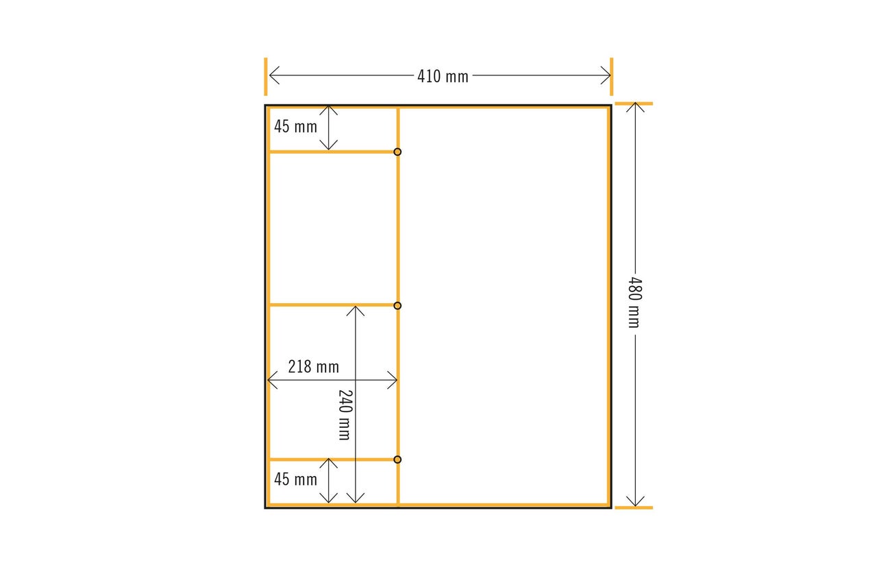 Schéma technique d'une étagère mesurant 410 mm de largeur et 480 mm de hauteur.
