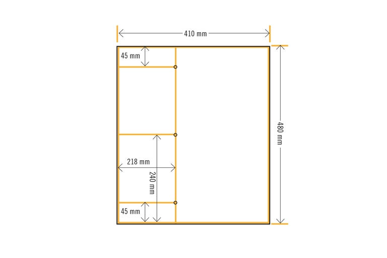 Schéma technique d'une étagère mesurant 410 mm de largeur et 480 mm de hauteur.