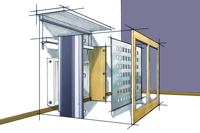 Illustration eines begehbaren Kleiderschranks mit Regalen und Türen