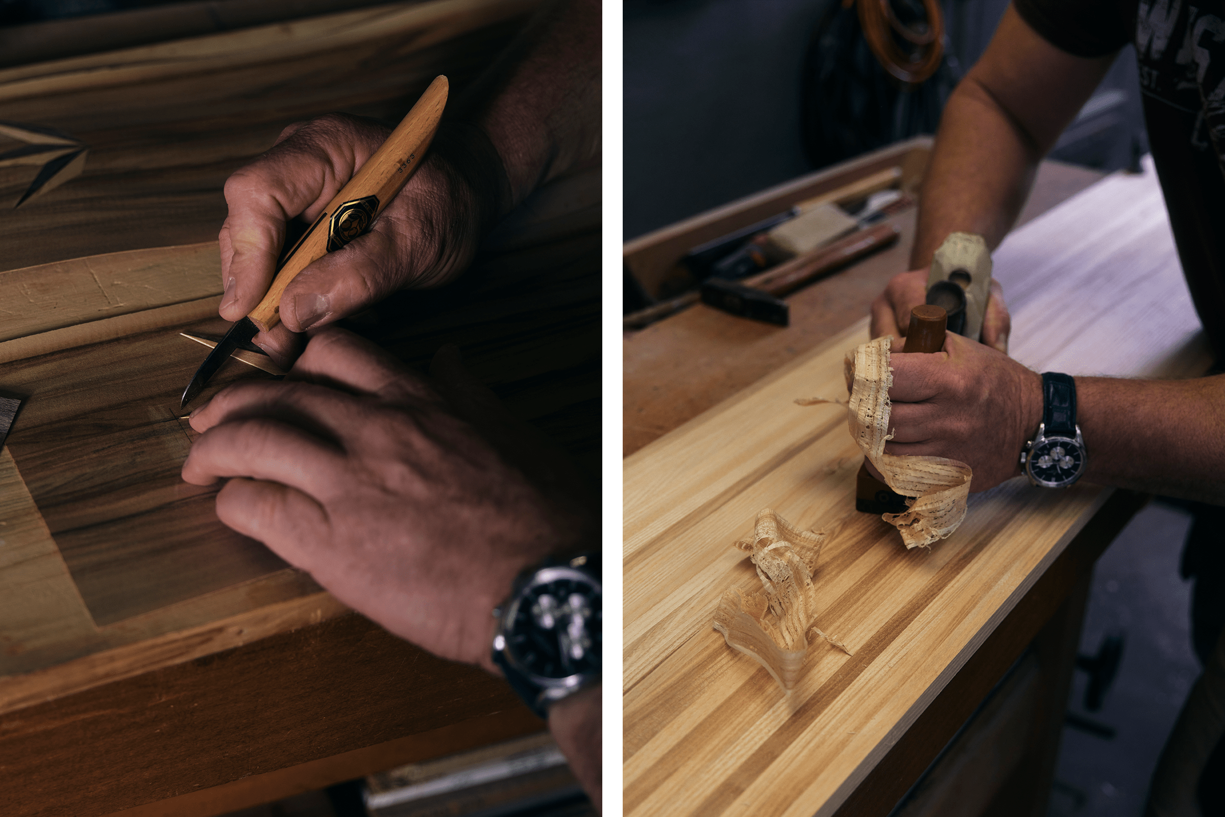 Auf dem Bild sind die Hände eines Handwerkers zu sehen, der Holz mit einem Stecheisen bearbeitet und Hobelspäne erzeugt.