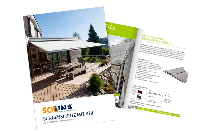 Produktbroschüre einer Gelenkarmmarkise von Soluna für den Sonnenschutz von Terrassen