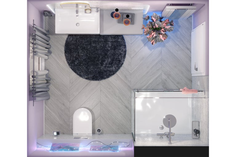 Vue de dessus d'une salle de bains avec lavabo, toilettes, baignoire, tapis et décoration