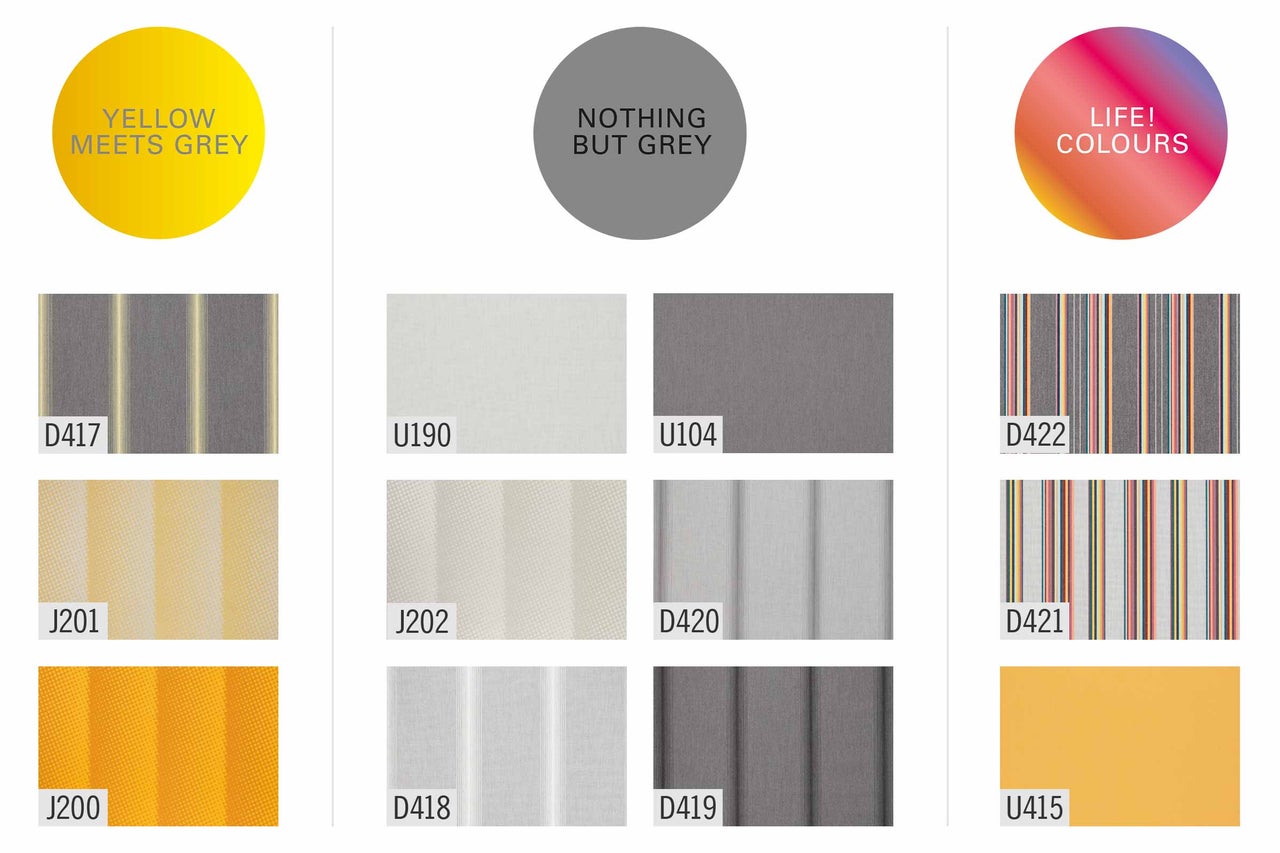 Übersicht von verschiedenen Tapetenmustern gruppiert nach den Themen Yellow Meets Grey, Nothing But Grey und Life Colours mit Produktnummern.