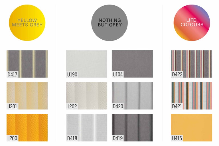 Übersicht von verschiedenen Tapetenmustern gruppiert nach den Themen Yellow Meets Grey, Nothing But Grey und Life Colours mit Produktnummern.
