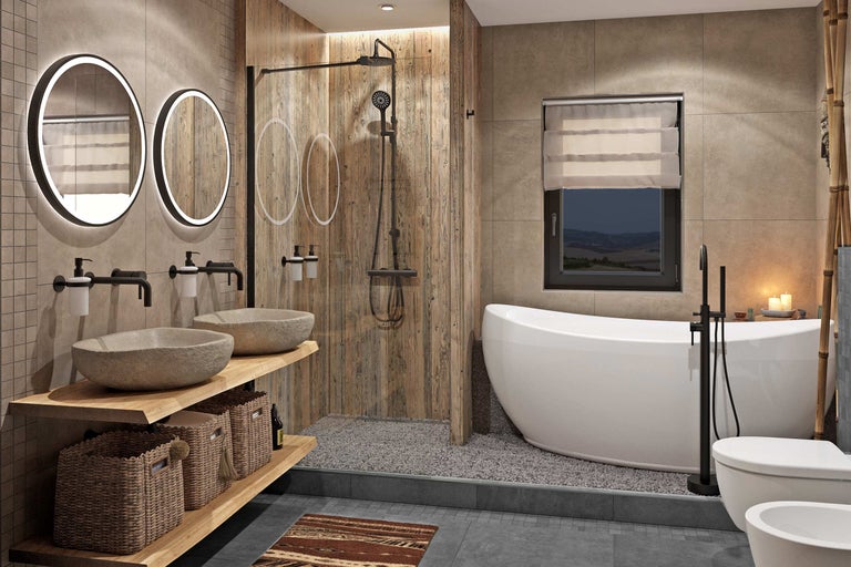 Salle de bain lumineuse avec double vasque, douche, baignoire et WC