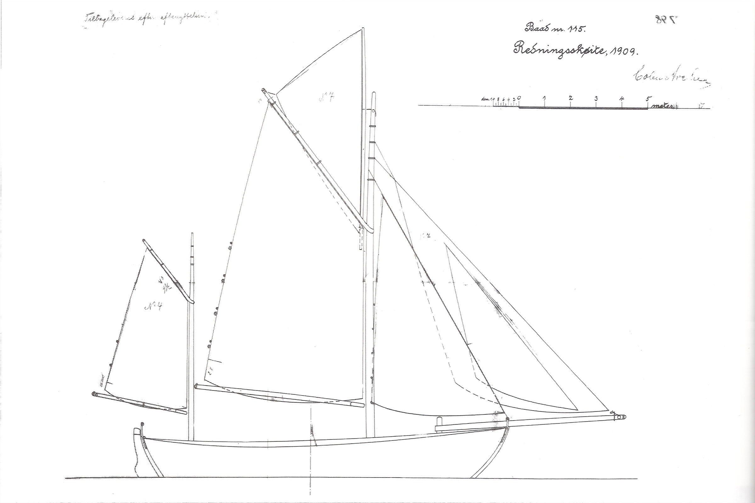 Technische Zeichnung eines Segelbootes aus dem Jahr 1909