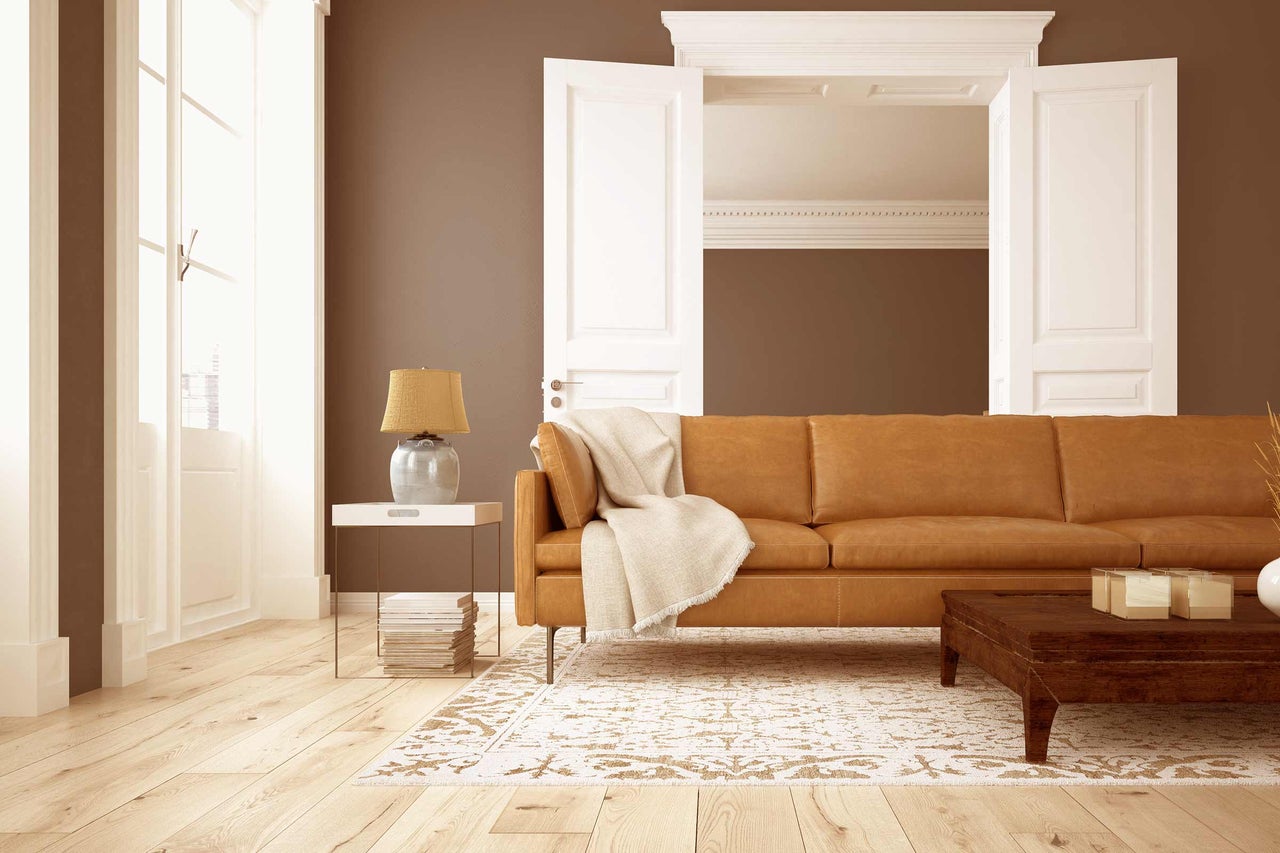 Salon avec canapé en cuir, tapis et parquet