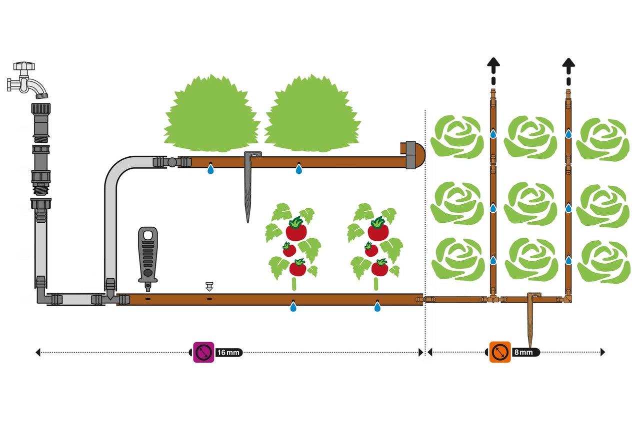 Illustration d'un système d'irrigation pour un jardin avec des potagers et des plantes