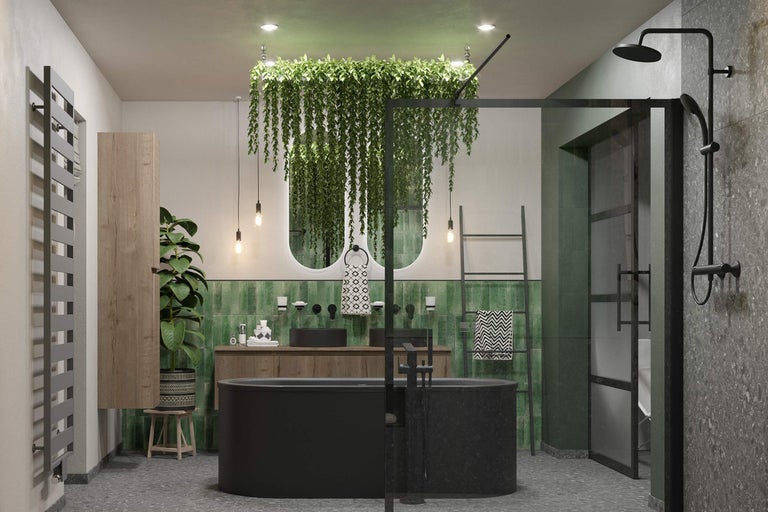 Modernes Badezimmer mit schwarzer Badewanne, Waschtisch mit zwei Waschbecken, grünen Fliesen und Dusche mit Glasabtrennung