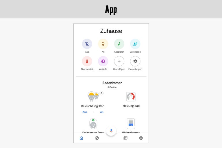 Vue de l'application pour la domotique avec éclairage, chauffage, prise de courant et assistant vocal